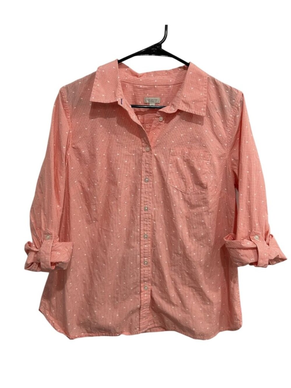 Talbots Large Petite Coral Button Up Shirt White Polka Dots Retro Minimalist